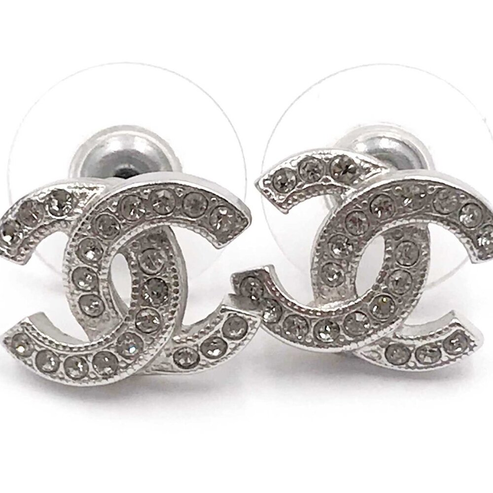 Chanel Classic Silver CC Crystal Reissued Piercing Earrings